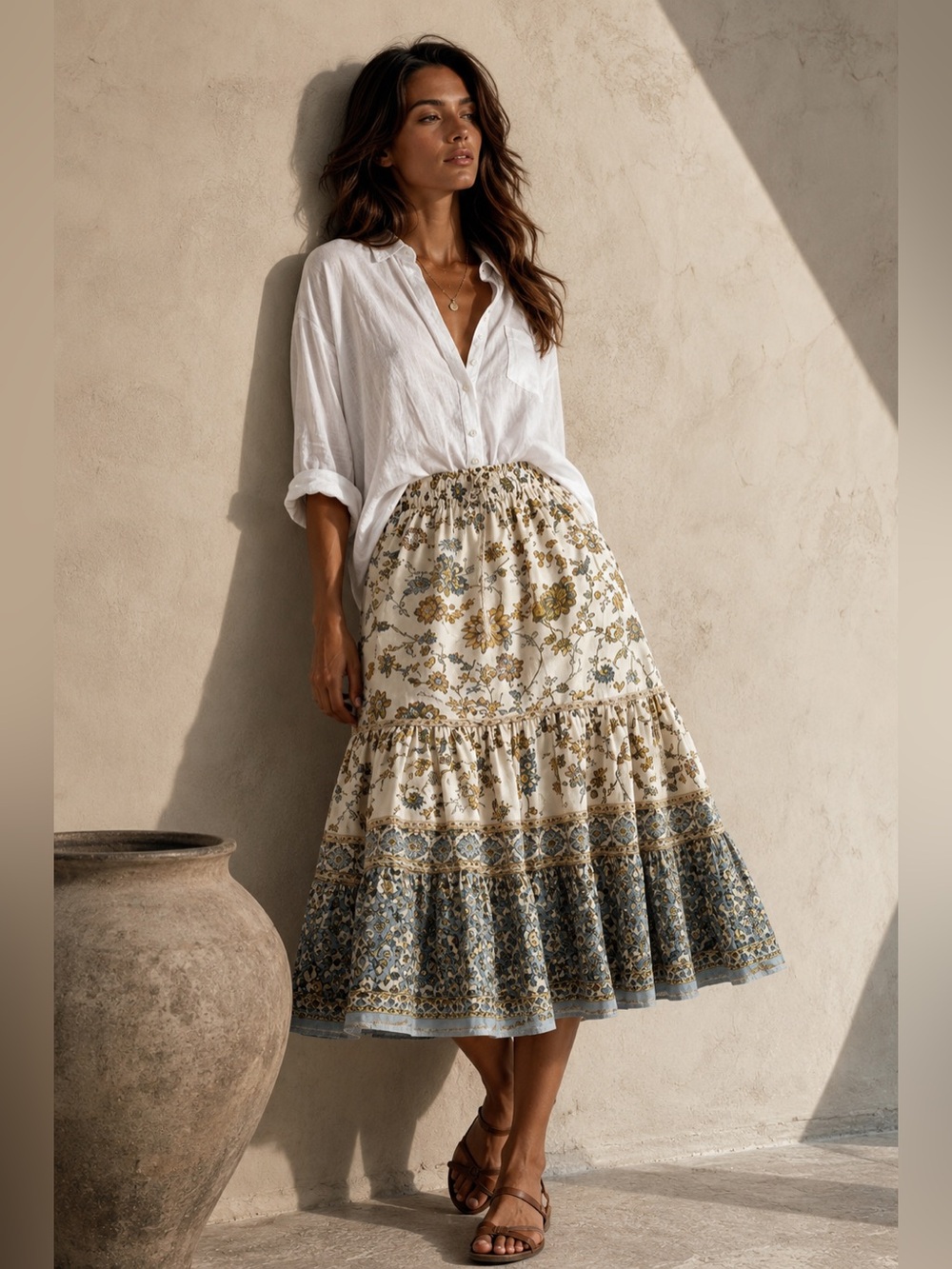 House of Harlow 1960 Floral Linen Blend Boho Midi Skirt Size L